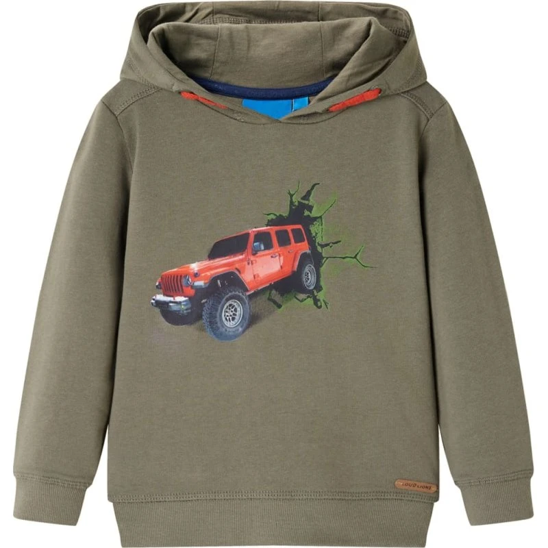 Hættetrøje til børn str. 116 - kakifarvet med jeep-print
