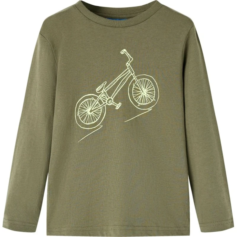 Langærmet T-shirt til børn str. 104, kakifarvet med cykel