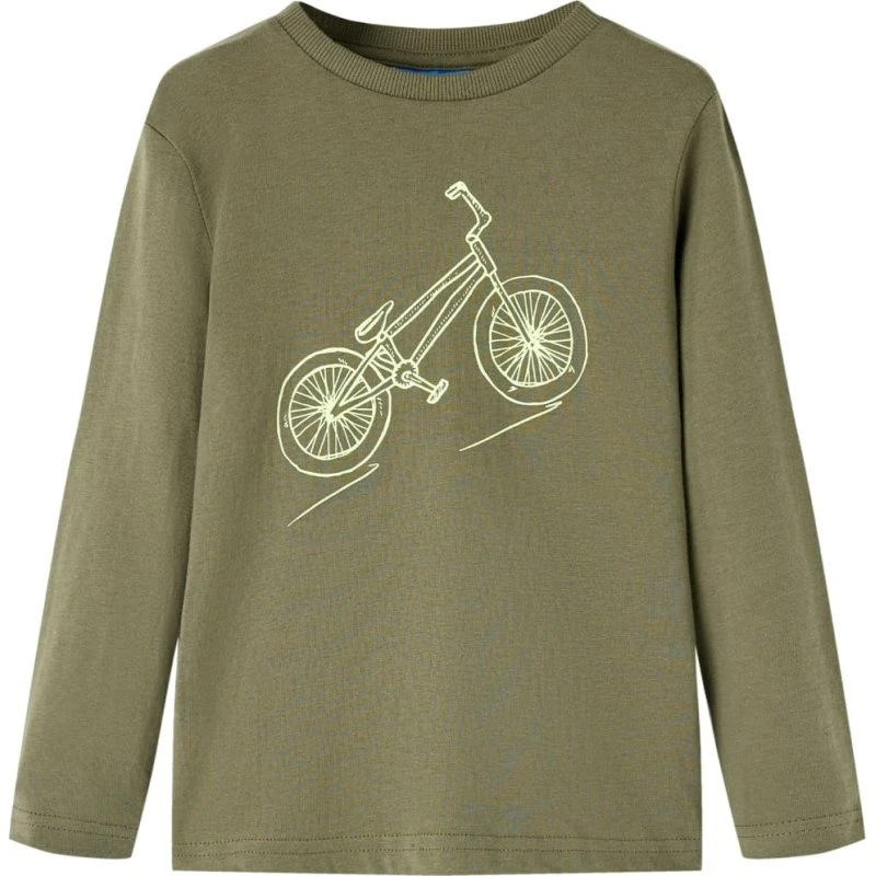 Langærmet T-shirt børn str.116 kakifarvet med cykelprint