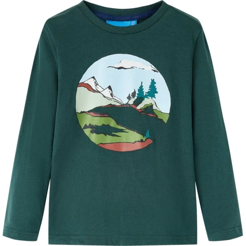 Langærmet T-shirt børn str.128 mørkegrøn