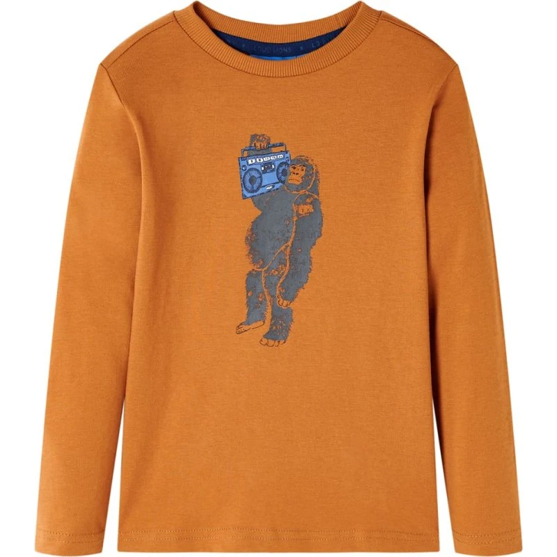 Langærmet T-shirt børn str. 92 – Okkergul