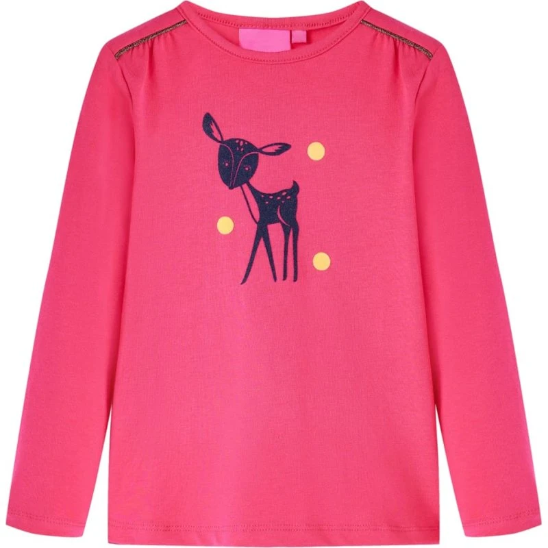 Langærmet T-shirt børn - Pink med rådyr, str. 140