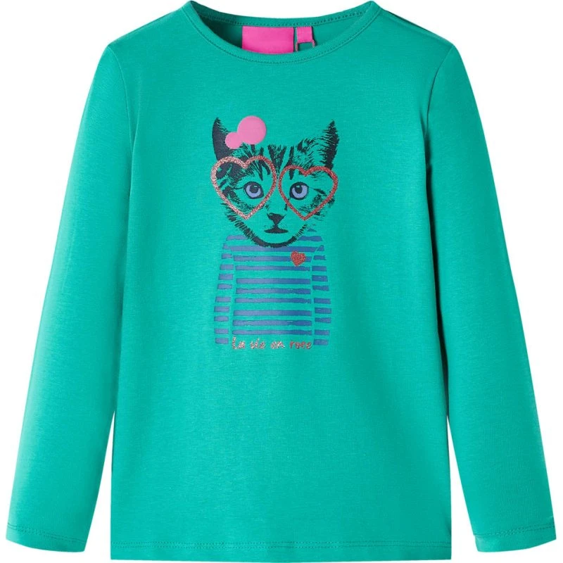 Langærmet T-shirt til børn str. 128 – lysegrøn med kat