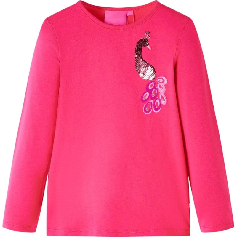 Langærmet børnetop med påfugl, str. 140 – pink