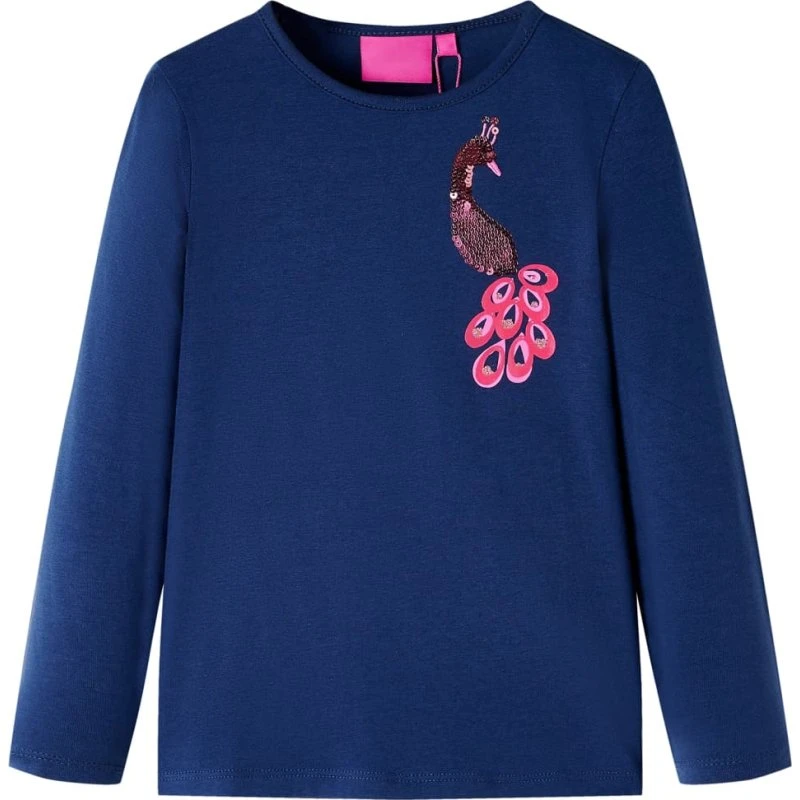 Langærmet T-shirt børn 104 – marineblå med påfugl