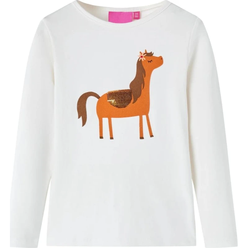 Langærmet T-shirt børn str. 128 – ecru med print