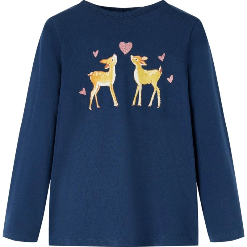 Langærmet T-shirt børn str. 128 - Marineblå med rådyrtryk