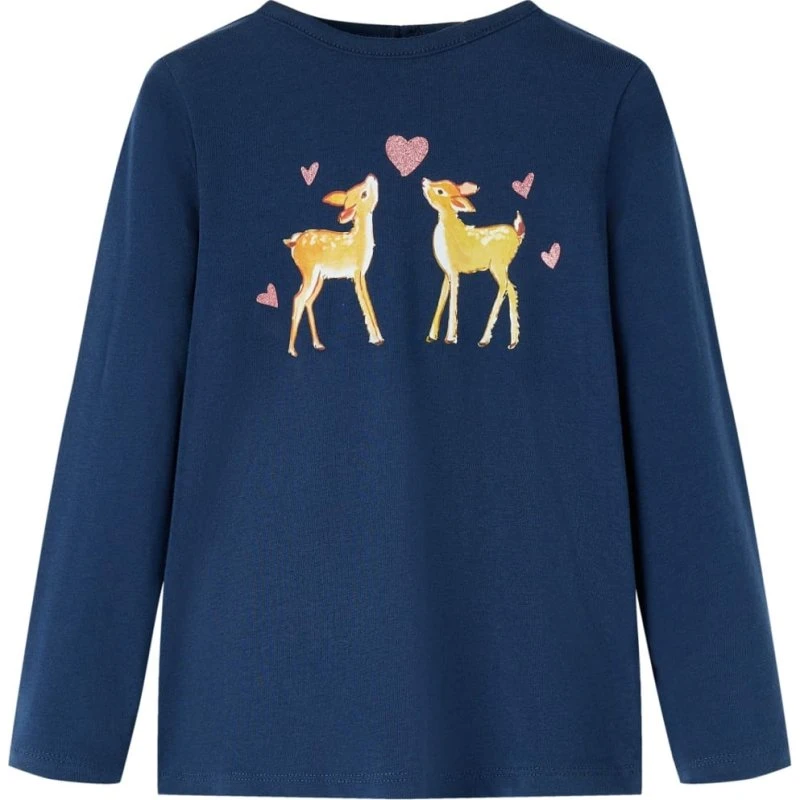 Langærmet T-shirt børn str. 140 – marineblå med rådyr