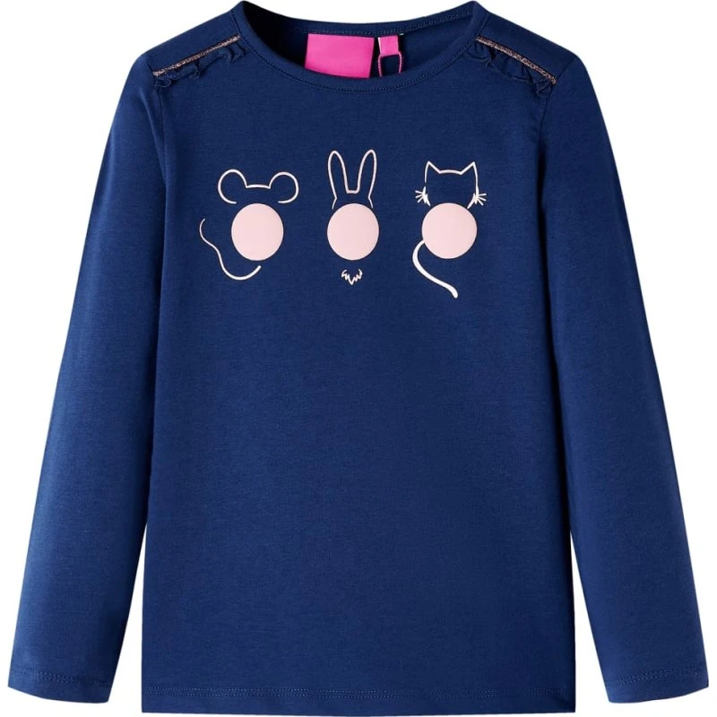 Langærmet T-shirt børn 128 – Marineblå med flæser