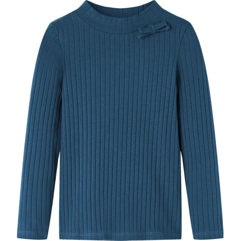 Langærmet ribstrikket T-shirt til børn str. 104 – marineblå