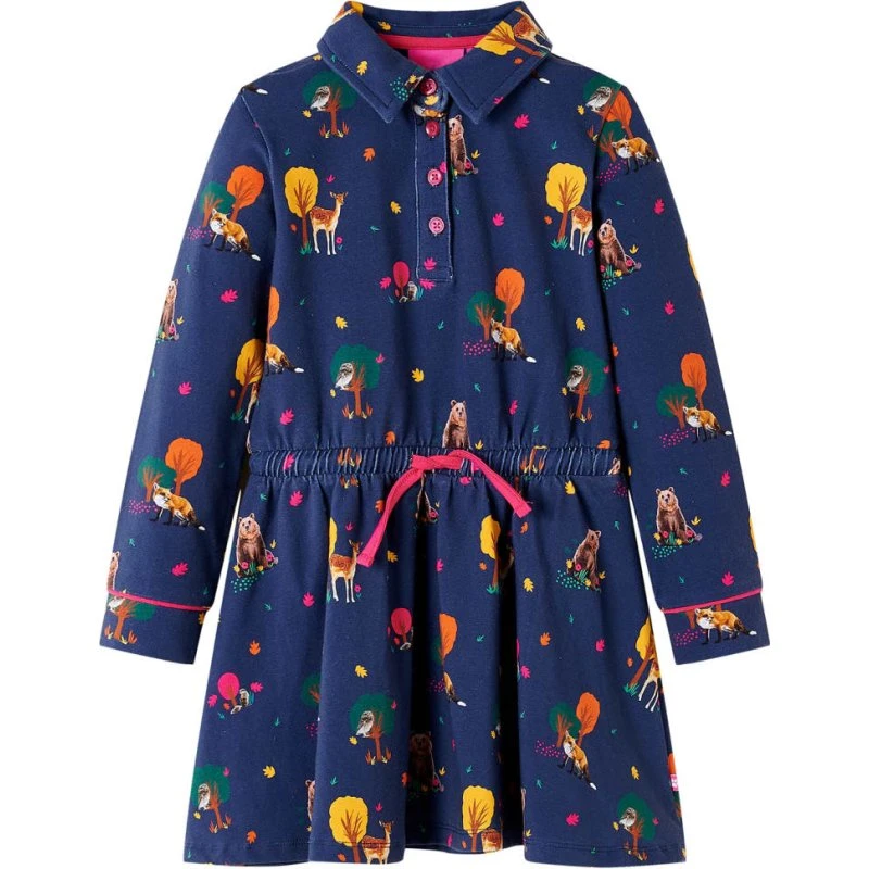 Langærmet børnekjole med snøre str. 140 - Marineblå