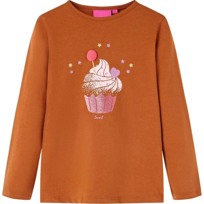Langærmet T-shirt børn str. 116, cognac