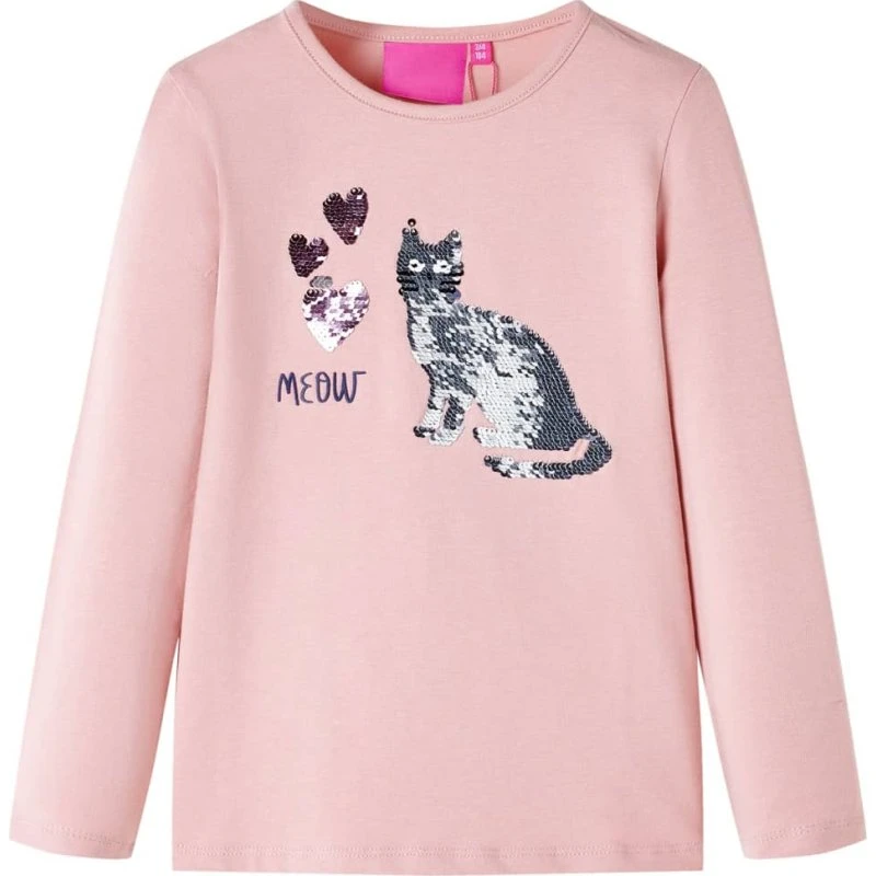 Langærmet T-shirt børn str. 92, lyserød med pailletkat