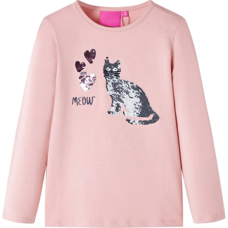 Langærmet T-shirt til børn str. 116 lyserød pailletkat