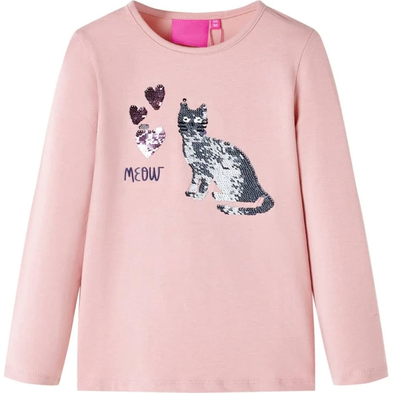 Langærmet T-shirt børn str. 128 – Lyserød med pailletkat