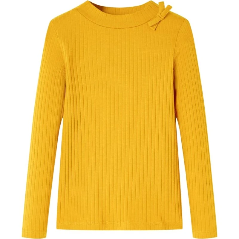 Langærmet T-shirt børn str. 116 – okkergul med sløjfe