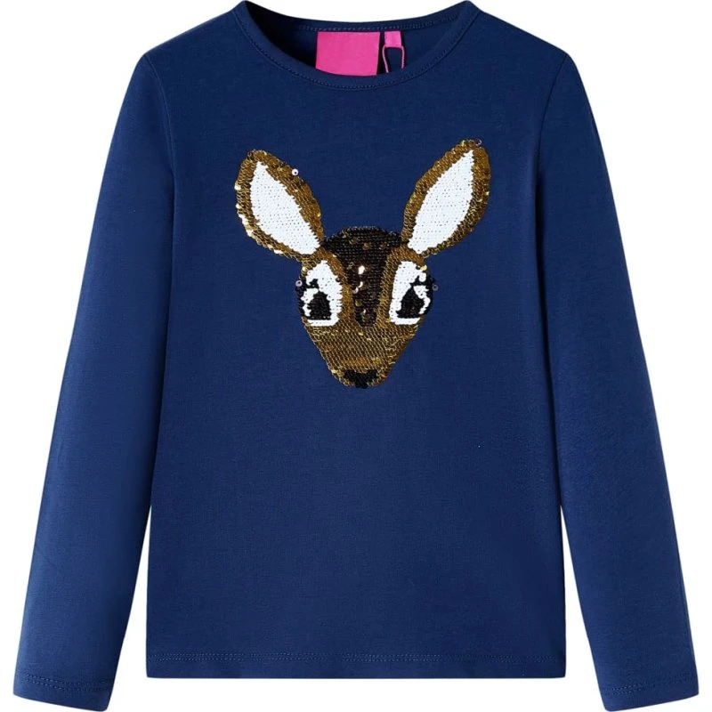 Langærmet T-shirt børn str.116 – Marineblå med pailletmotiv