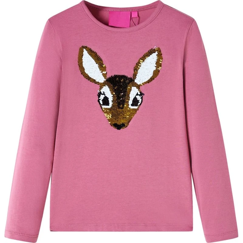 Langærmet T-shirt børn str.104 – Pink med paillet-hjort
