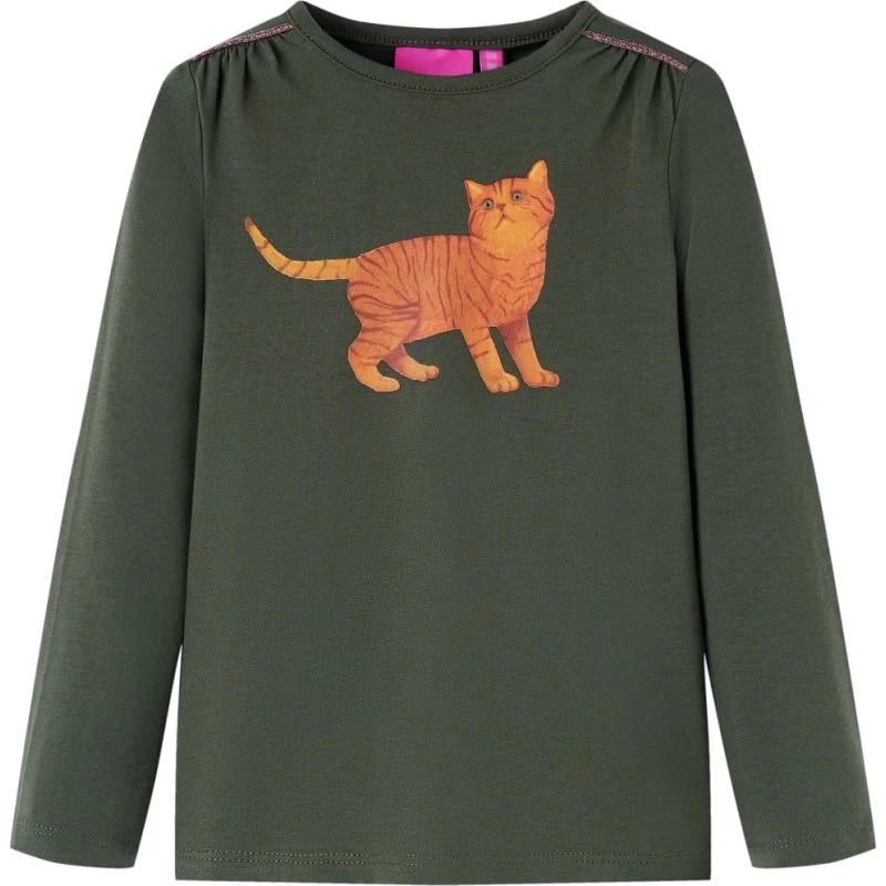 Langærmet børne-T-shirt str. 104 kakifarvet