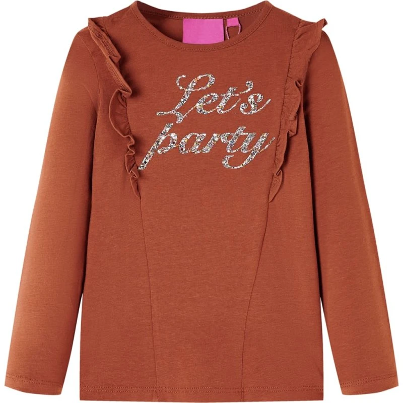 Langærmet T-shirt børn str. 140 – cognac med flæser