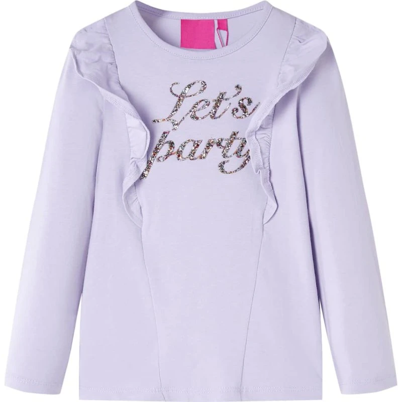 Langærmet T-shirt børn str. 140 - lyslilla med flæser