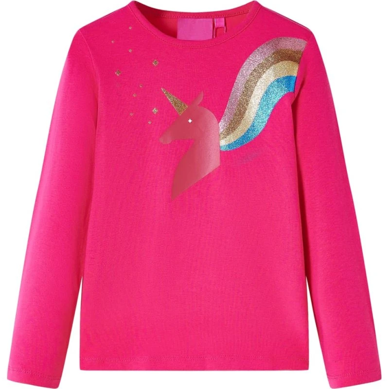Langærmet T-shirt børn str. 128 – pink med glimmerprint