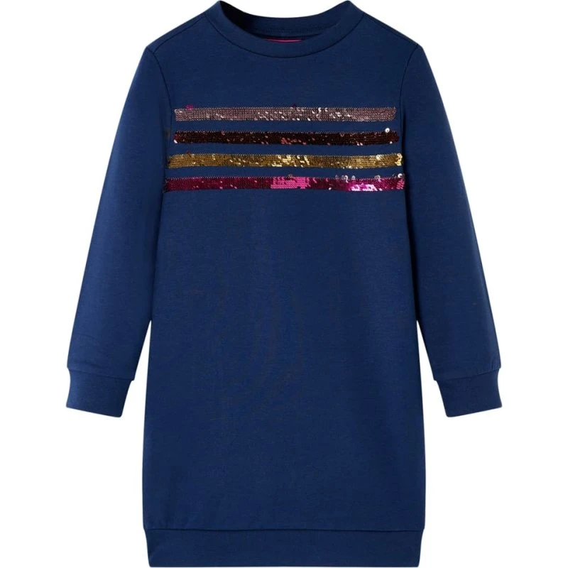 Sweatshirtkjole til børn – langærmet, marineblå med pailletstriber