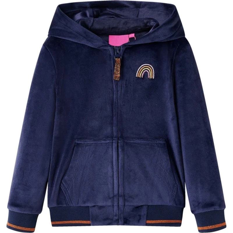 Børnejakke med hætte str. 140 – marineblå med regnbue