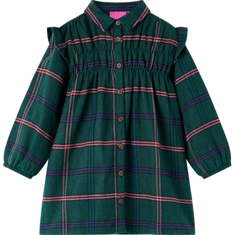 Langærmet børnekjole med flæser, mørkegrøn str. 92