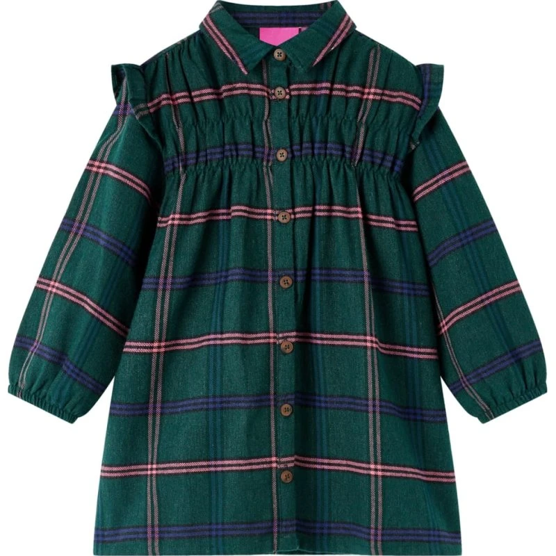 Langærmet kjole til børn 116 flæser mørkegrøn