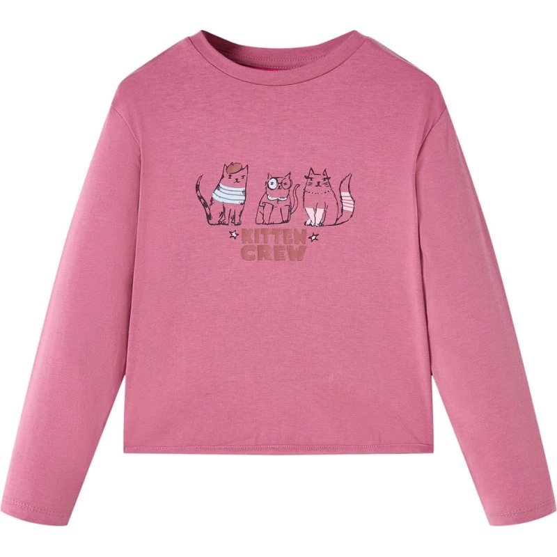 Langærmet T-shirt børn 116 cm pink med katteprint