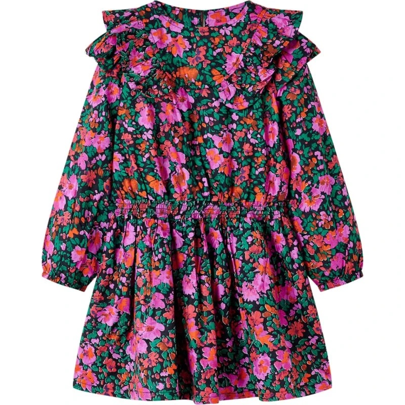 Langærmet børnekjole str. 128 - Pink med flæser