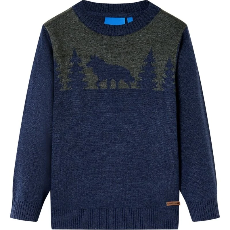 Børnesweater str.116 – strikket marineblå med ribkant