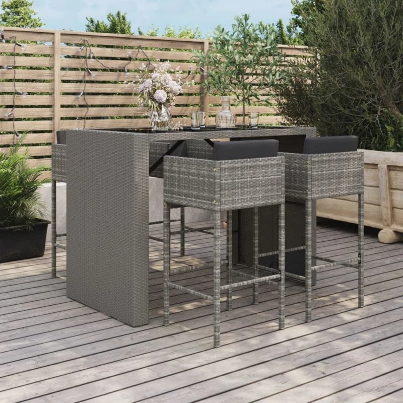 Barsæt i polyrattan 5 dele med hynder - grå