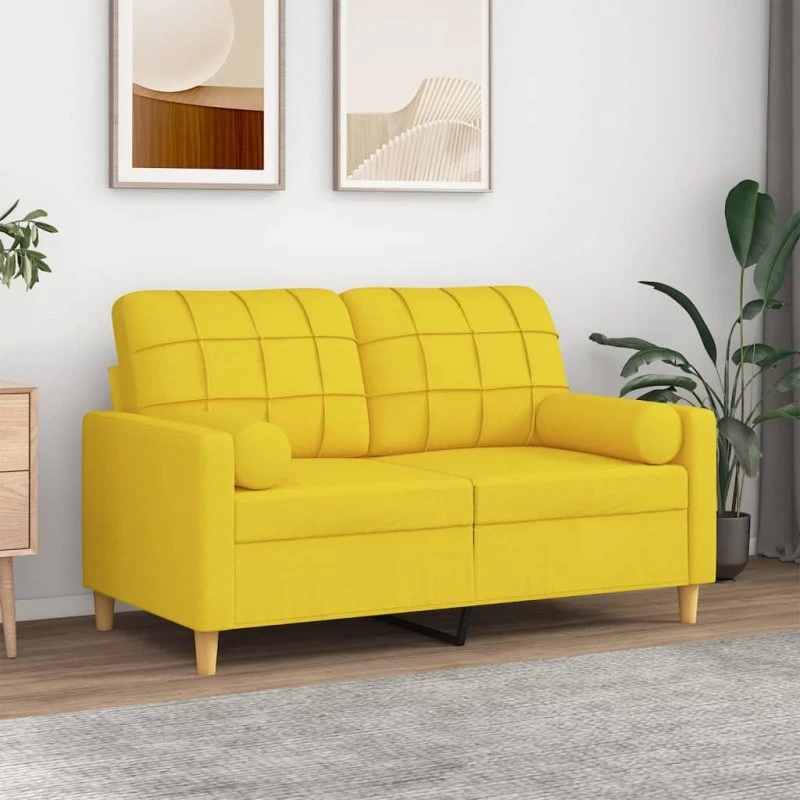 2-personers sofa 120 cm i lysegult stof med pyntepuder