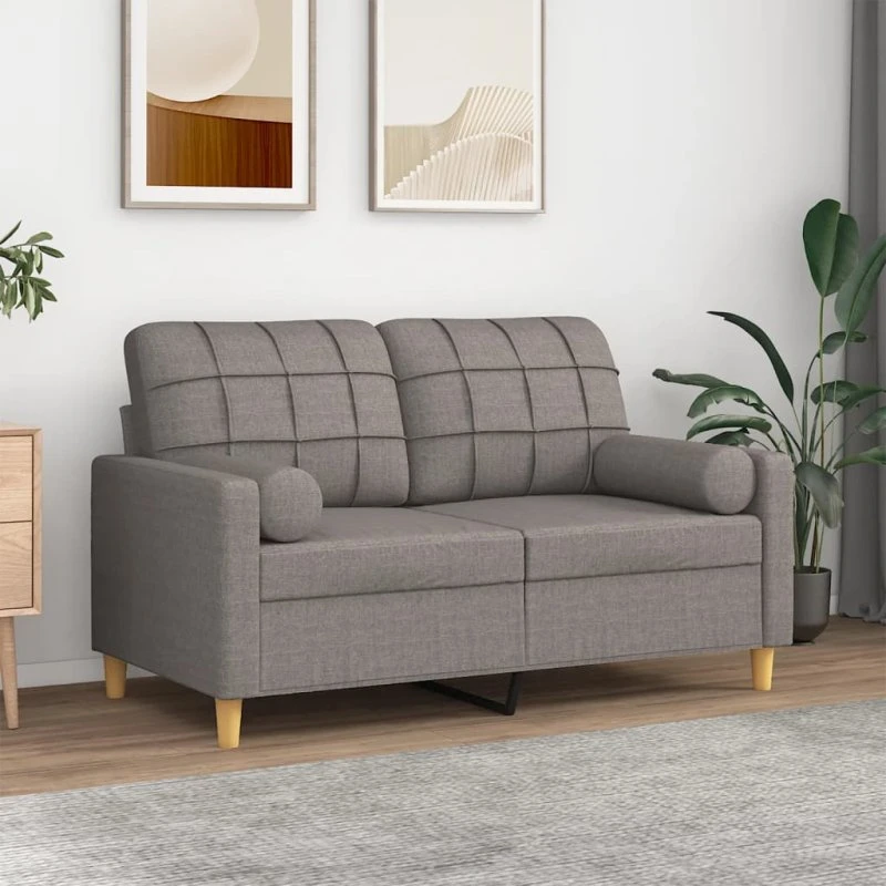 2-personers sofa 120 cm i gråbrun stof med pyntepuder