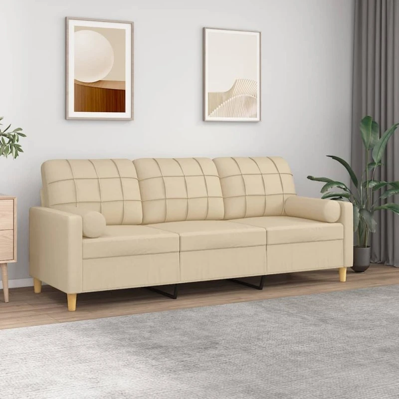 3-personers sofa 180 cm creme med pyntepuder