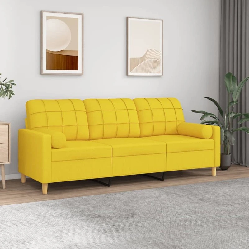 3-personers sofa 180 cm i lysegult stof med pyntepuder