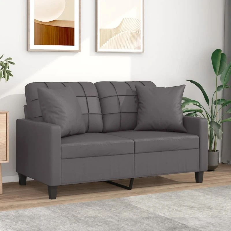 2-personers sofa 120 cm i kunstlæder med pyntepuder, grå