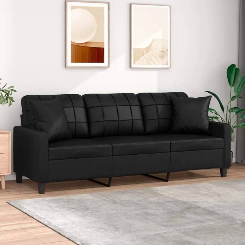 3-personers sofa 180 cm i sort kunstlæder med pyntepuder