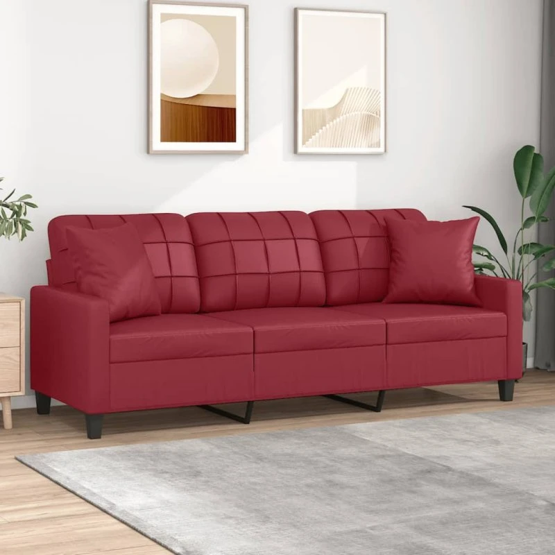 3-personers sofa 180 cm i vinrødt kunstlæder med puder
