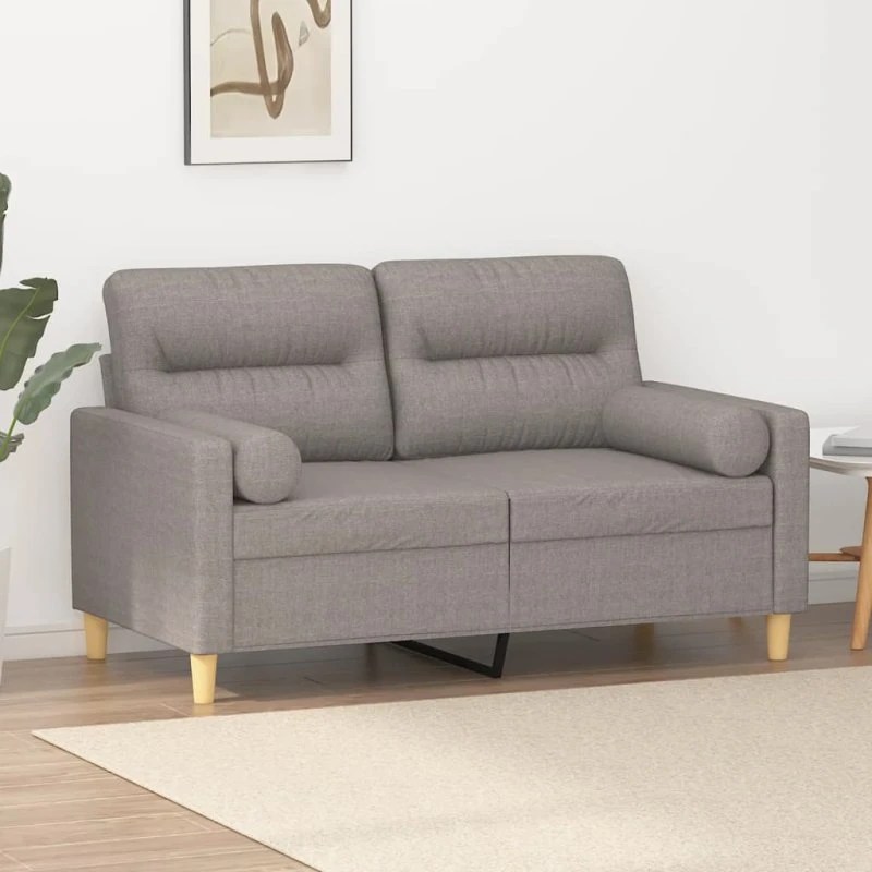 2-personers sofa 120 cm i gråbrun stof med pyntepuder