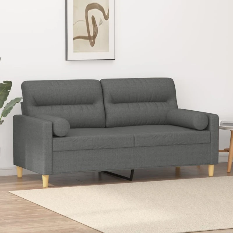 2-personers sofa 140 cm mørkegrå stof med pyntepuder