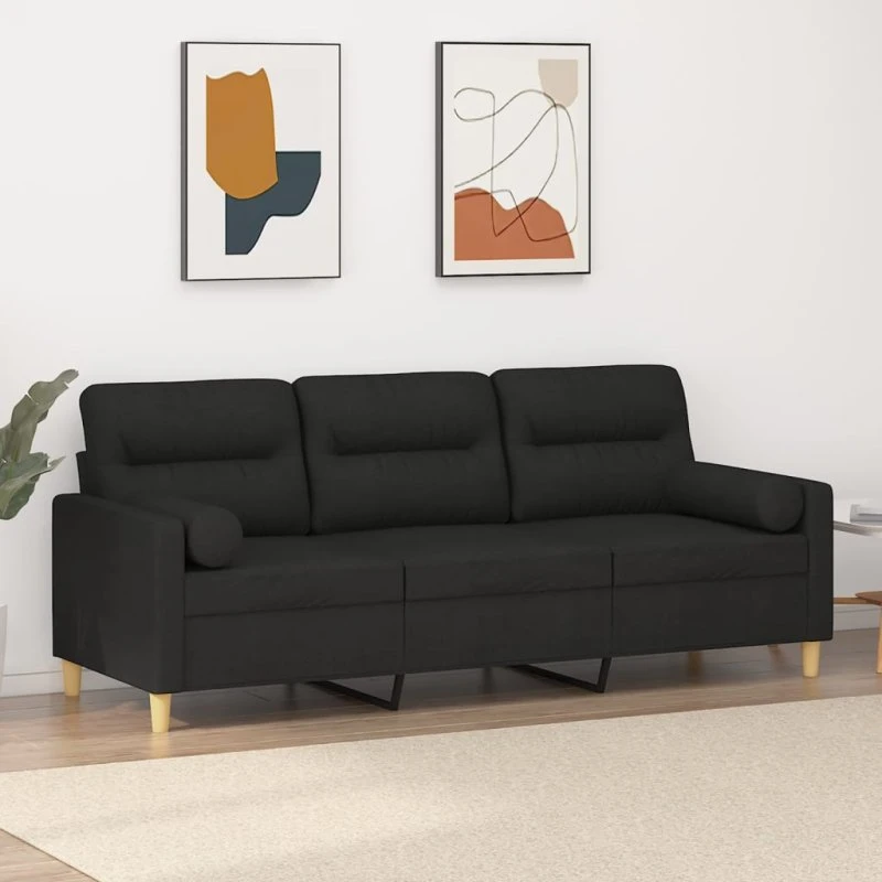 3-personers sofa 180 cm stof med pyntepuder - sort