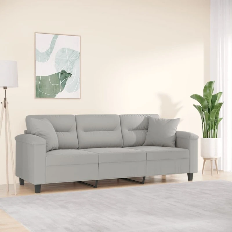 3-personers sofa 180 cm mikrofiber lysegrå med puder