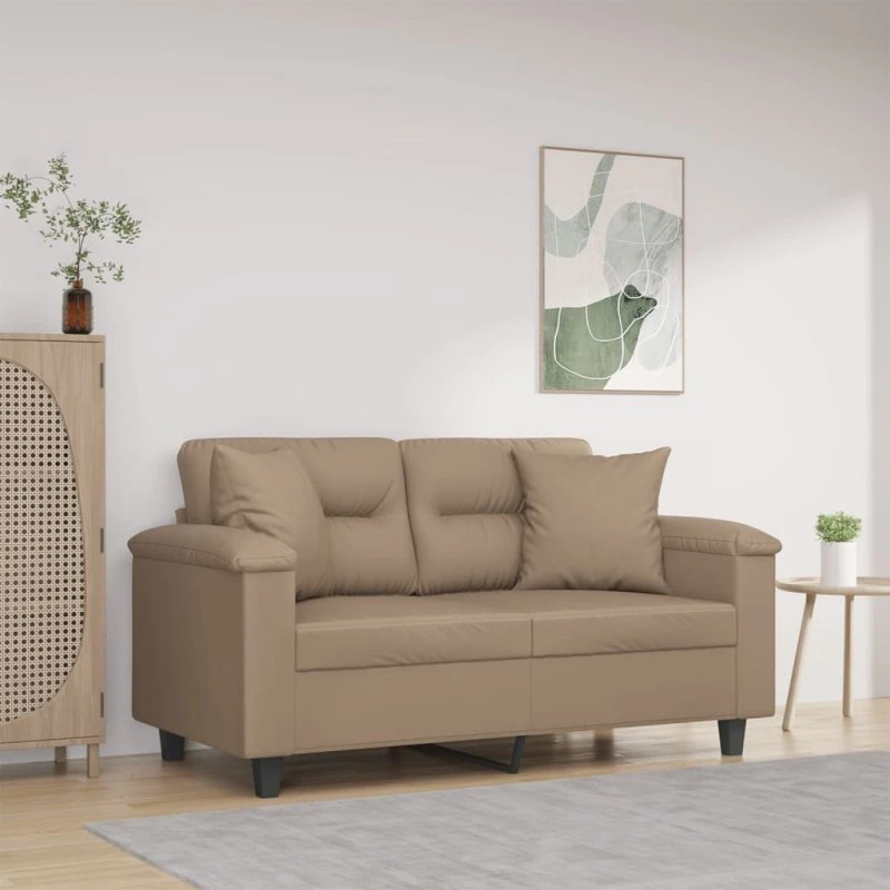 2-personers sofa 120 cm kunstlæder cappuccino med pyntepuder
