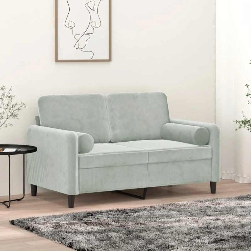 2-personers velour sofa 120 cm – lysegrå med pyntepuder