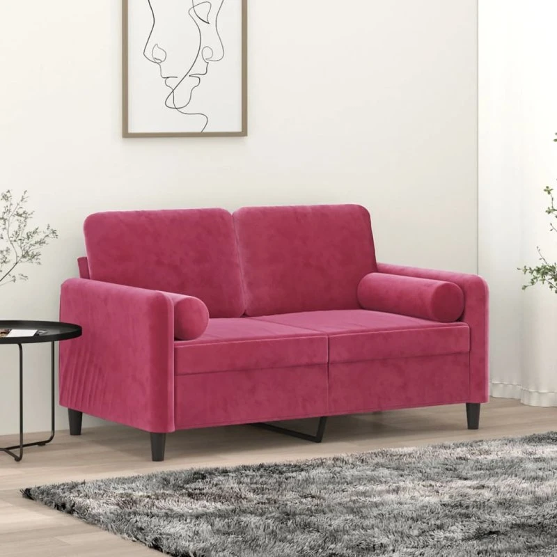2-personers veloursofa 120 cm vinrød med pyntepuder