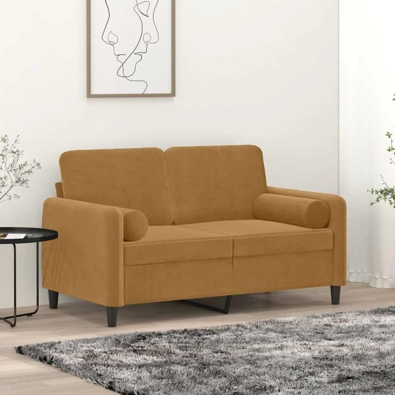 2-personers veloursofa 120 cm brun med pyntepuder