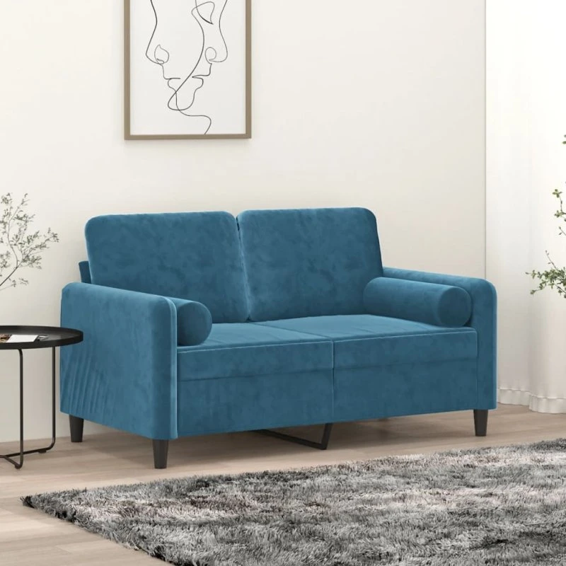 2-personers veloursofa 120 cm blå med pyntepuder